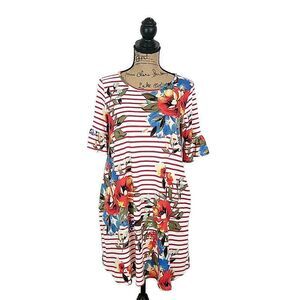 Sweet Lovely Womens sz M Dress Red Stripe Floral Ruffle Sleeve Shift Knee Length